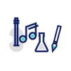 Illustrative drawing of a brush, a guitar, a test tube