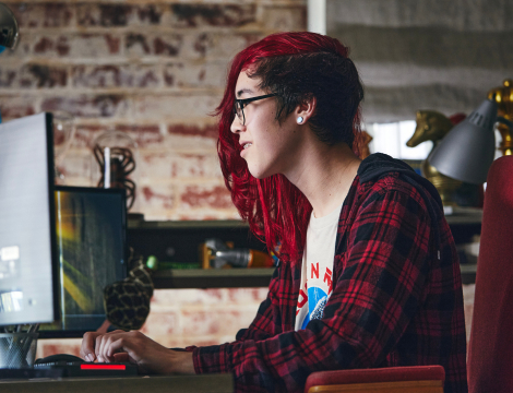 Student in front of her computer
