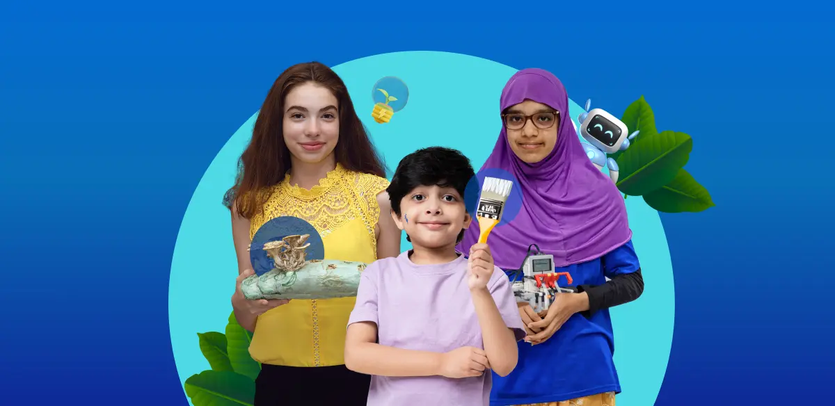 Student with an art project, boy holding a rush and a girl holding a small robot